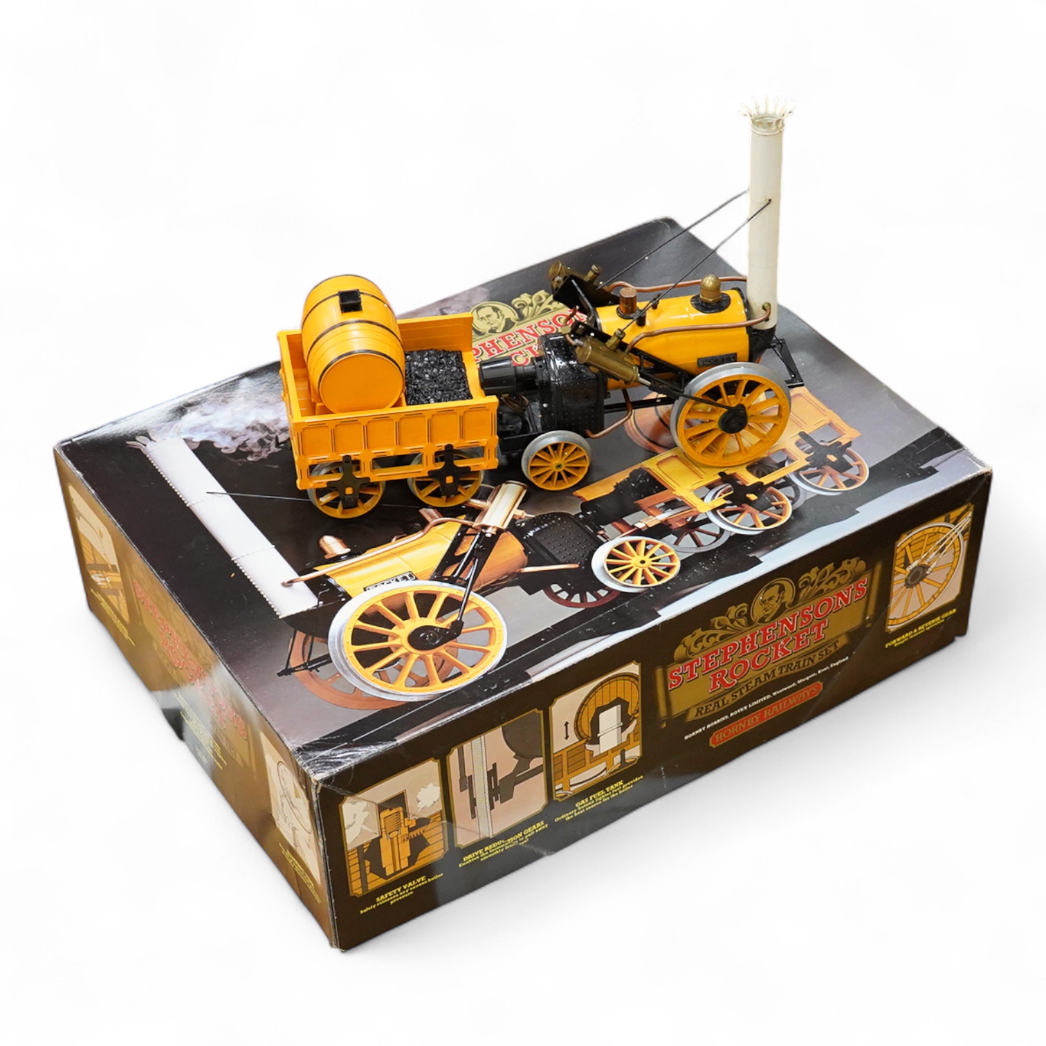 A boxed Hornby Railways 3.5 inch live steam Stephensons Rocket pack, comprising a two cylinder gas fired 0-2-2 Rocket and a quantity of plastic track sections